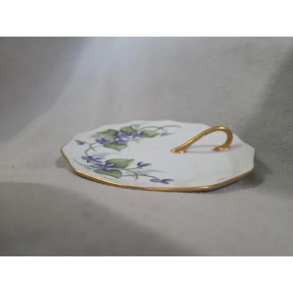 Antique E. Stawski Hand Painted Floral Serving Dish Finger Loop Handle Purple